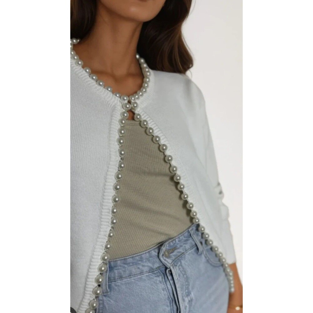 LF LESLIE FAY,Cardigan Vintage,Women's L,with Pearl  Trim White, Rayón, Nylon...